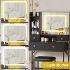 Acekool Makeup Vanity Desk with Mirror, 3-Color LED Lights, Charging Station, 4 Drawers, 6 Shelves, Stool, White Gold