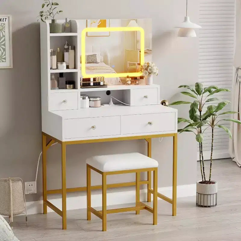 Acekool Makeup Vanity Desk with Mirror, 3-Color LED Lights, Charging Station, 4 Drawers, 6 Shelves, Stool, White Gold