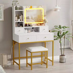 Acekool Makeup Vanity Desk with Mirror, 3-Color LED Lights, Charging Station, 4 Drawers, 6 Shelves, Stool, White Gold