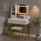 Acekool Makeup Vanity Desk with Mirror, 3-Color LED Lights, Charging Station, 4 Drawers, 6 Shelves, Stool, White Gold