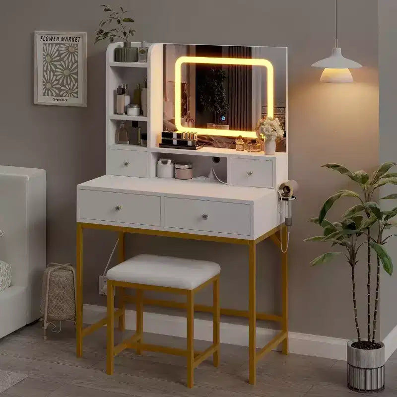 Acekool Makeup Vanity Desk with Mirror, 3-Color LED Lights, Charging Station, 4 Drawers, 6 Shelves, Stool, White Gold