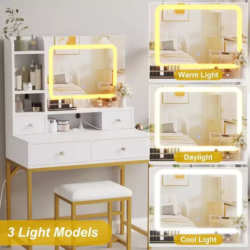 Acekool Makeup Vanity Desk with Mirror, 3-Color LED Lights, Charging Station, 4 Drawers, 6 Shelves, Stool, White Gold