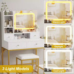 Acekool Makeup Vanity Desk with Mirror, 3-Color LED Lights, Charging Station, 4 Drawers, 6 Shelves, Stool, White Gold