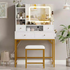 Acekool Makeup Vanity Desk with Mirror, 3-Color LED Lights, Charging Station, 4 Drawers, 6 Shelves, Stool, White Gold