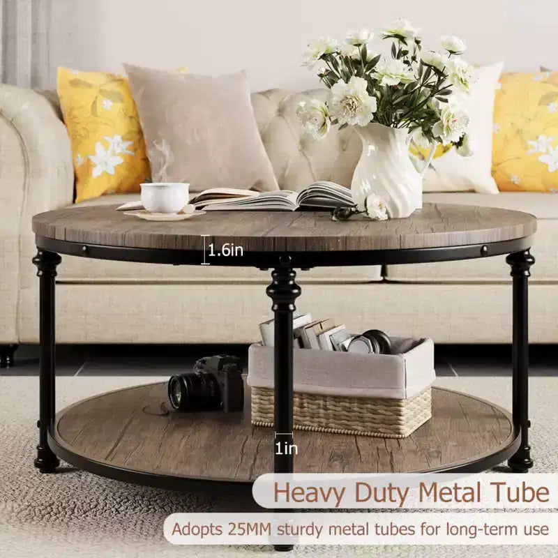 GustoWave Round Coffee Table, 2-Tier Rustic Wood Coffee Table with Storage Shelf for Home, Apartment, Small Spaces