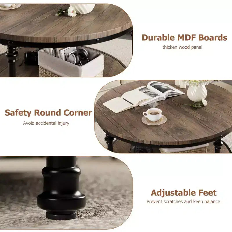 GustoWave Round Coffee Table, 2-Tier Rustic Wood Coffee Table with Storage Shelf for Home, Apartment, Small Spaces