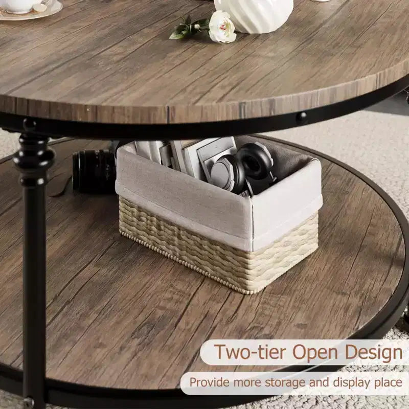 GustoWave Round Coffee Table, 2-Tier Rustic Wood Coffee Table with Storage Shelf for Home, Apartment, Small Spaces