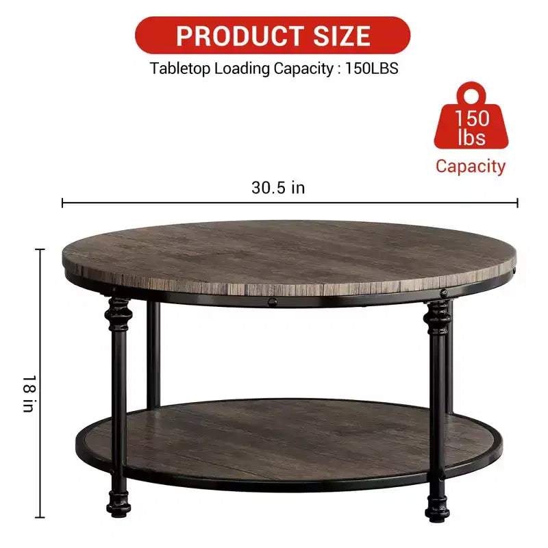 GustoWave Round Coffee Table, 2-Tier Rustic Wood Coffee Table with Storage Shelf for Home, Apartment, Small Spaces