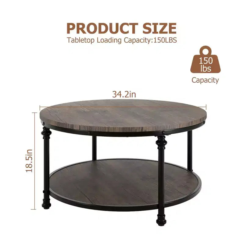 GustoWave Round Coffee Table, 2-Tier Rustic Wood Coffee Table with Storage Shelf for Home, Apartment, Small Spaces