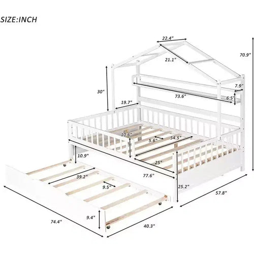 Acekool Full Size House Bed Frame with Twin Trundle, Storage Drawers & Shelves, Roof & Fence, Kids Platform Bed, White