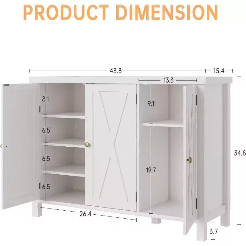 43 Farmhouse Shoe Storage Cabinet with 3 Barn Doors, Adjustable Shelves, Large Capacity Narrow Shoe Rack for Entryway & Living Room, White
