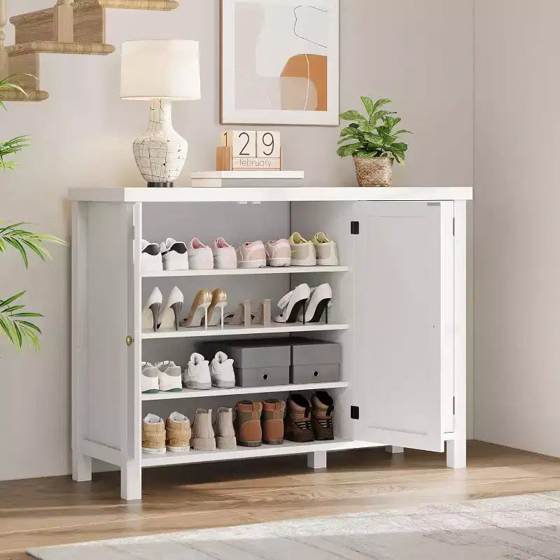 43 Farmhouse Shoe Storage Cabinet with 3 Barn Doors, Adjustable Shelves, Large Capacity Narrow Shoe Rack for Entryway & Living Room, White