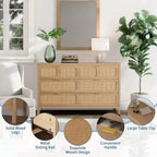 6 Drawer Dresser for Bedroom, 47 Wide Rattan Chest of Drawers with Metal Handles, Wooden Closet Drawer TV Stand, Dresser Organizer
