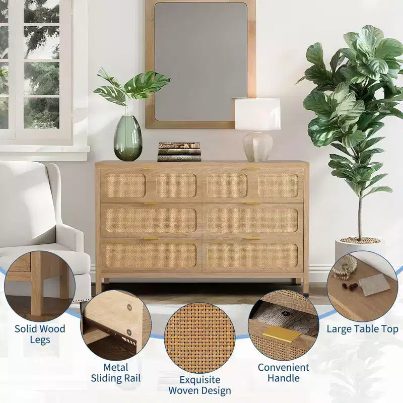 6 Drawer Dresser for Bedroom, 47 Wide Rattan Chest of Drawers with Metal Handles, Wooden Closet Drawer TV Stand, Dresser Organizer