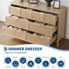 6 Drawer Dresser for Bedroom, 47 Wide Rattan Chest of Drawers with Metal Handles, Wooden Closet Drawer TV Stand, Dresser Organizer
