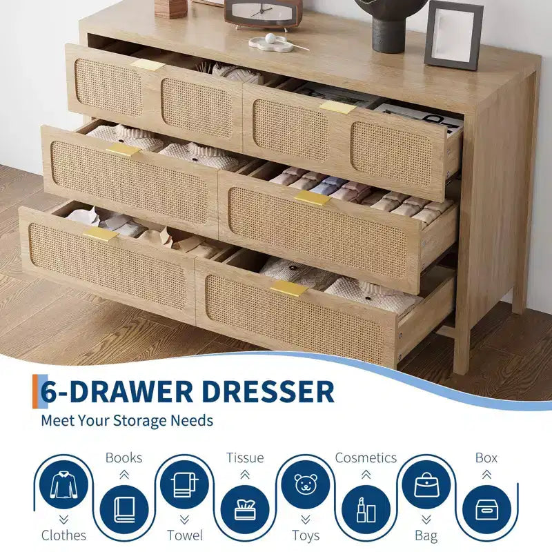 6 Drawer Dresser for Bedroom, 47 Wide Rattan Chest of Drawers with Metal Handles, Wooden Closet Drawer TV Stand, Dresser Organizer