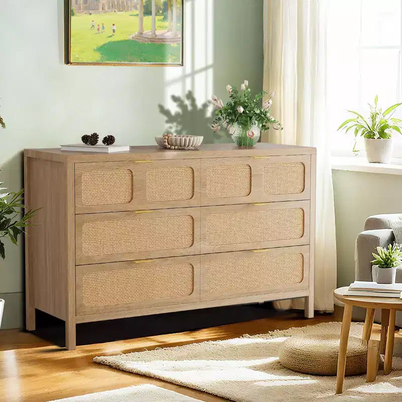 6 Drawer Dresser for Bedroom, 47 Wide Rattan Chest of Drawers with Metal Handles, Wooden Closet Drawer TV Stand, Dresser Organizer