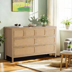 6 Drawer Dresser for Bedroom, 47 Wide Rattan Chest of Drawers with Metal Handles, Wooden Closet Drawer TV Stand, Dresser Organizer