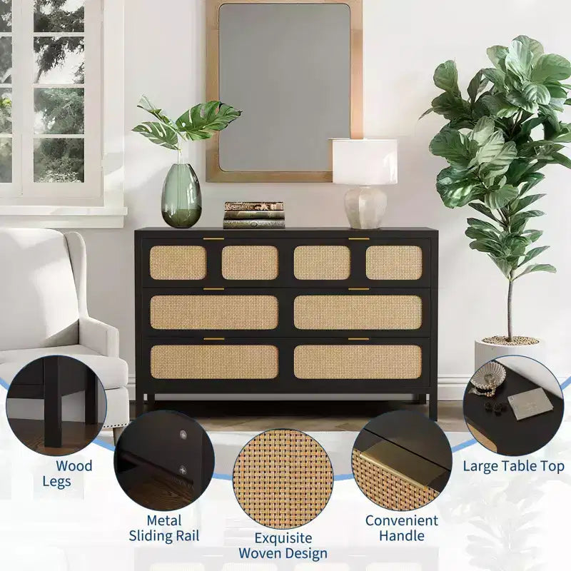6 Drawer Dresser for Bedroom, 47 Wide Rattan Chest of Drawers with Metal Handles, Wooden Closet Drawer TV Stand, Dresser Organizer