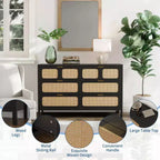 6 Drawer Dresser for Bedroom, 47 Wide Rattan Chest of Drawers with Metal Handles, Wooden Closet Drawer TV Stand, Dresser Organizer