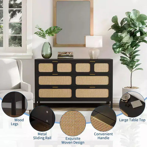 6 Drawer Dresser for Bedroom, 47 Wide Rattan Chest of Drawers with Metal Handles, Wooden Closet Drawer TV Stand, Dresser Organizer