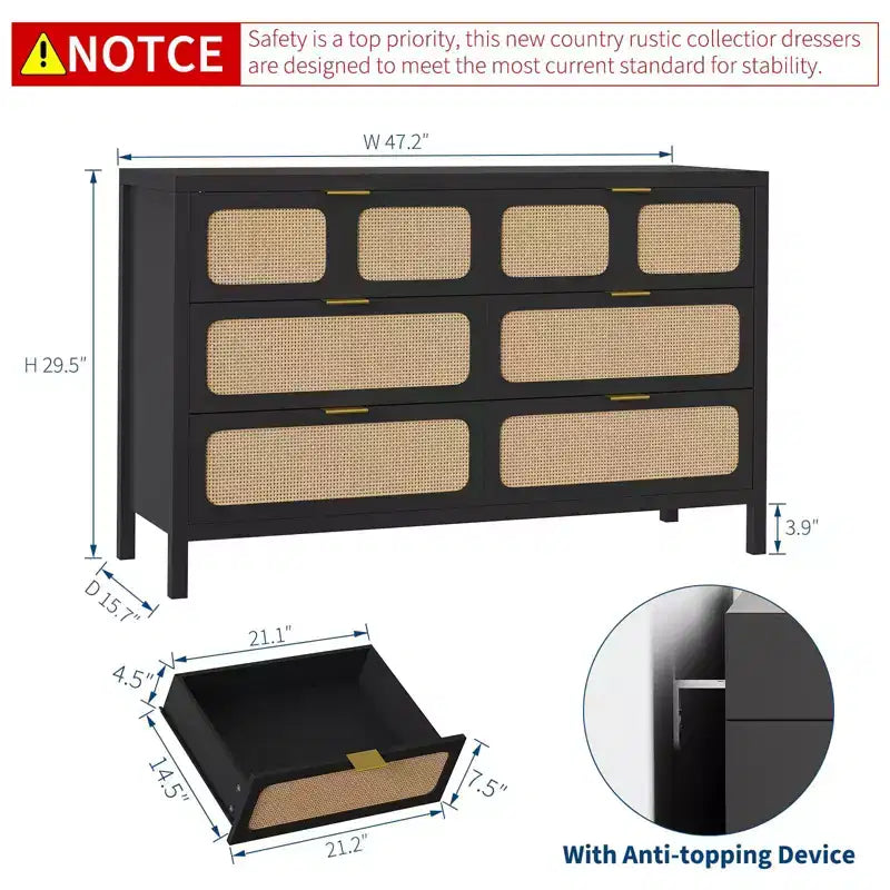 6 Drawer Dresser for Bedroom, 47 Wide Rattan Chest of Drawers with Metal Handles, Wooden Closet Drawer TV Stand, Dresser Organizer