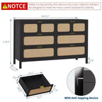 6 Drawer Dresser for Bedroom, 47 Wide Rattan Chest of Drawers with Metal Handles, Wooden Closet Drawer TV Stand, Dresser Organizer
