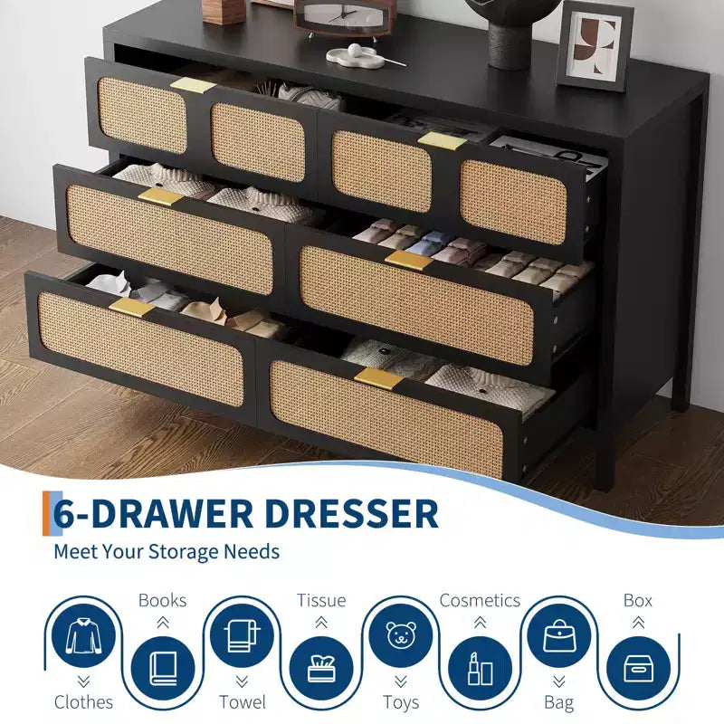 6 Drawer Dresser for Bedroom, 47 Wide Rattan Chest of Drawers with Metal Handles, Wooden Closet Drawer TV Stand, Dresser Organizer