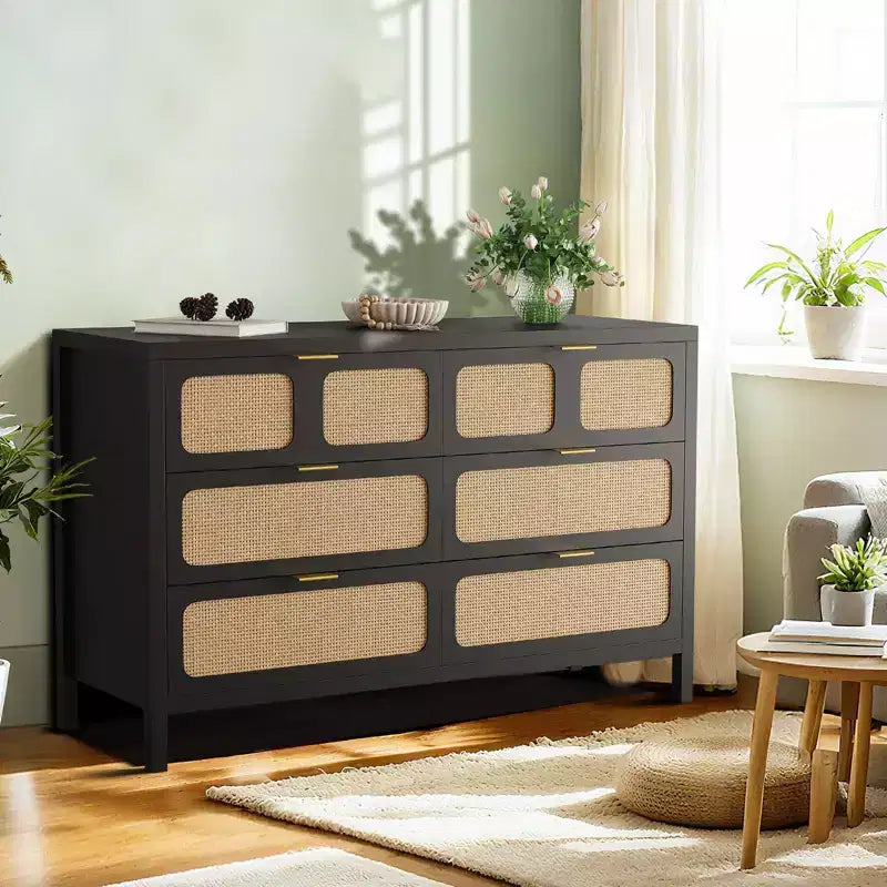 6 Drawer Dresser for Bedroom, 47 Wide Rattan Chest of Drawers with Metal Handles, Wooden Closet Drawer TV Stand, Dresser Organizer