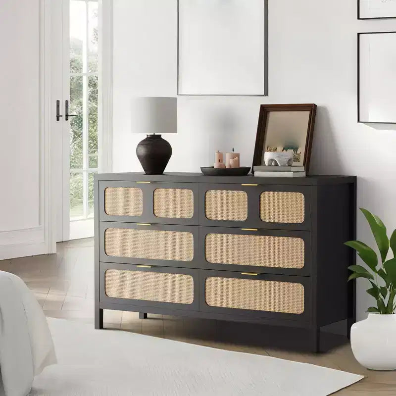 6 Drawer Dresser for Bedroom, 47 Wide Rattan Chest of Drawers with Metal Handles, Wooden Closet Drawer TV Stand, Dresser Organizer