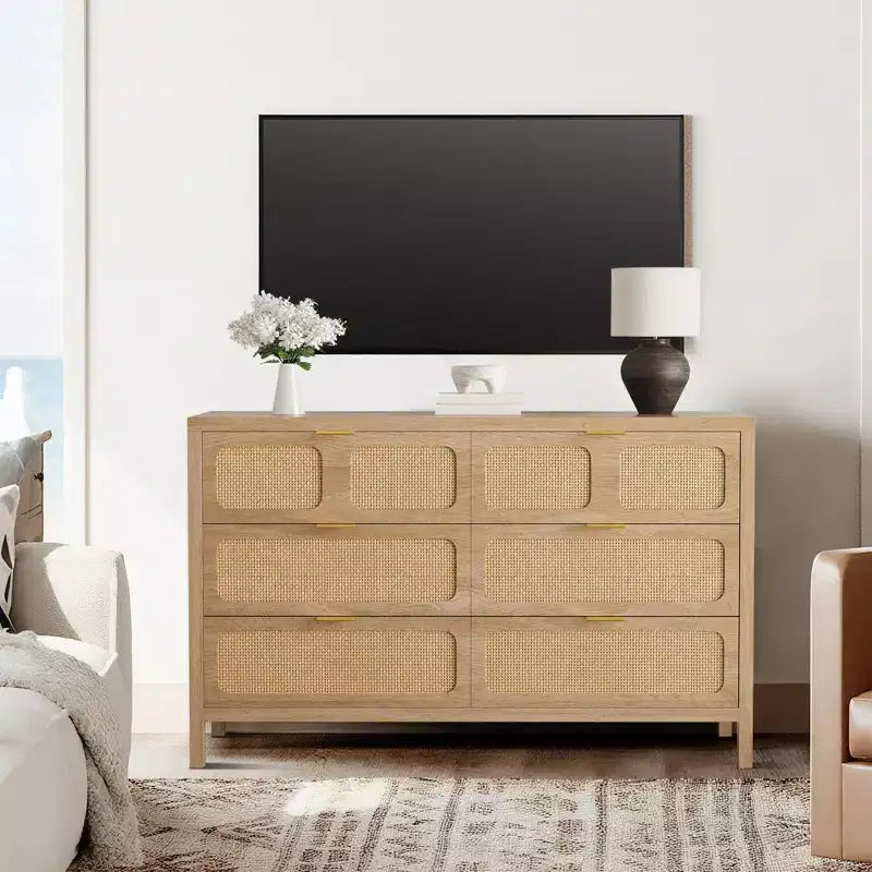 6 Drawer Dresser for Bedroom, 47 Wide Rattan Chest of Drawers with Metal Handles, Wooden Closet Drawer TV Stand, Dresser Organizer