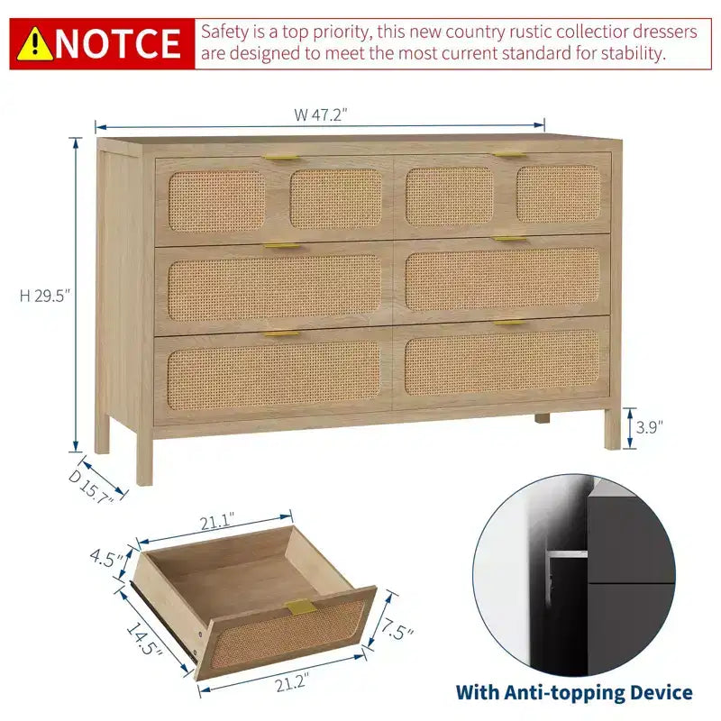 6 Drawer Dresser for Bedroom, 47 Wide Rattan Chest of Drawers with Metal Handles, Wooden Closet Drawer TV Stand, Dresser Organizer