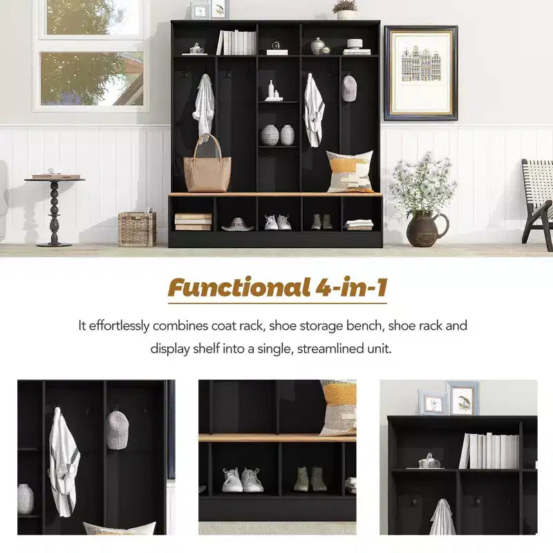 The Misty Moon Black Hall Tree with Storage Bench Shoe Cabinet with Cube Storage and Shelves, Multifunctional Coat Rack with 8 Hooks