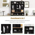 The Misty Moon Black Hall Tree with Storage Bench Shoe Cabinet with Cube Storage and Shelves, Multifunctional Coat Rack with 8 Hooks