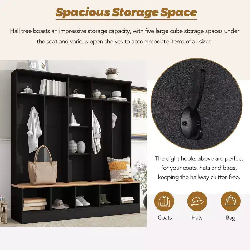 The Misty Moon Black Hall Tree with Storage Bench Shoe Cabinet with Cube Storage and Shelves, Multifunctional Coat Rack with 8 Hooks