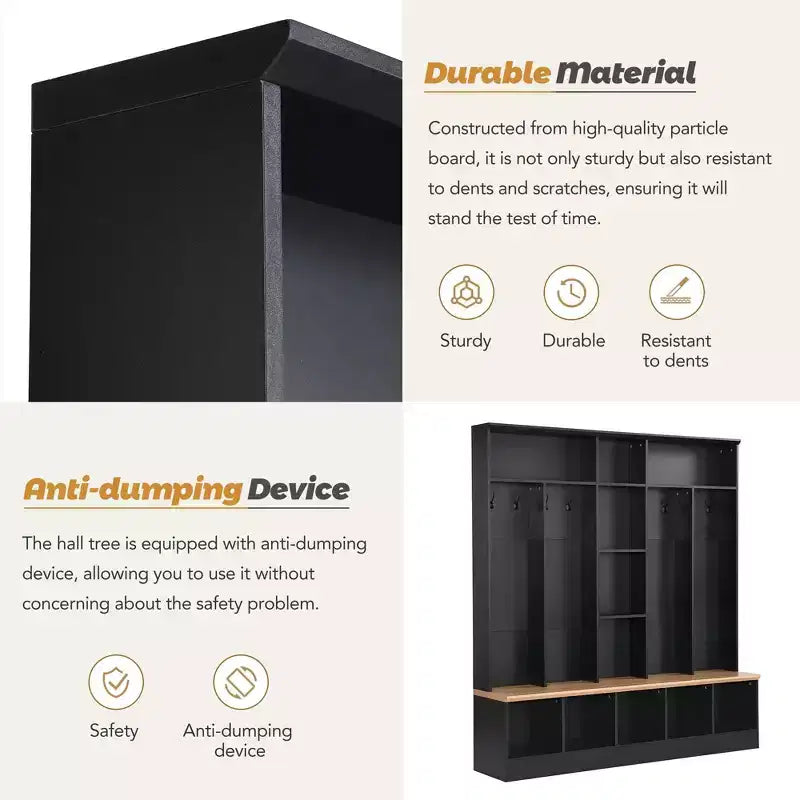 The Misty Moon Black Hall Tree with Storage Bench Shoe Cabinet with Cube Storage and Shelves, Multifunctional Coat Rack with 8 Hooks