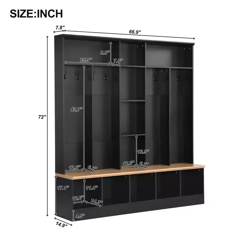 The Misty Moon Black Hall Tree with Storage Bench Shoe Cabinet with Cube Storage and Shelves, Multifunctional Coat Rack with 8 Hooks