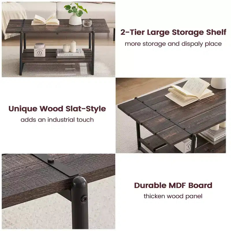 2 Tier Wood Coffee Table, 41'' Industrial Center Table, Cocktail Tea Table with Storage Shelf, Sofa Side Accent Table for Living Room