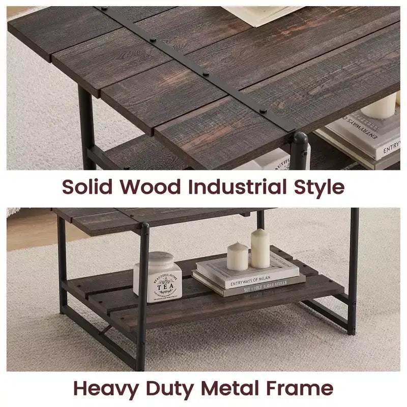 2 Tier Wood Coffee Table, 41'' Industrial Center Table, Cocktail Tea Table with Storage Shelf, Sofa Side Accent Table for Living Room