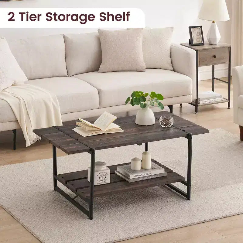 2 Tier Wood Coffee Table, 41'' Industrial Center Table, Cocktail Tea Table with Storage Shelf, Sofa Side Accent Table for Living Room