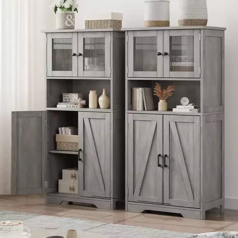 Bathroom Storage Cabinet, Freestanding Linen Cabinet with Doors and Shelves, Wooden Kitchen Pantry Cabinet, for Living Room,