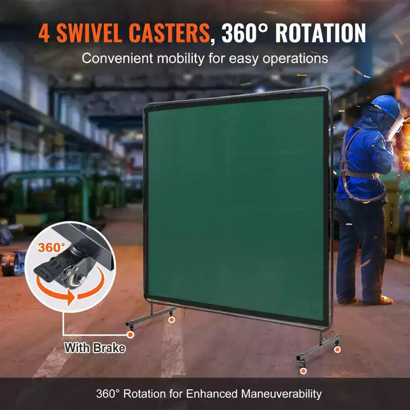 VEVOR Welding Screen with Frame, 6' x 6' Welding Curtain Screen, Flame-Resistant Vinyl Welding Protection Screen on 4 Swivel Wheels, Green