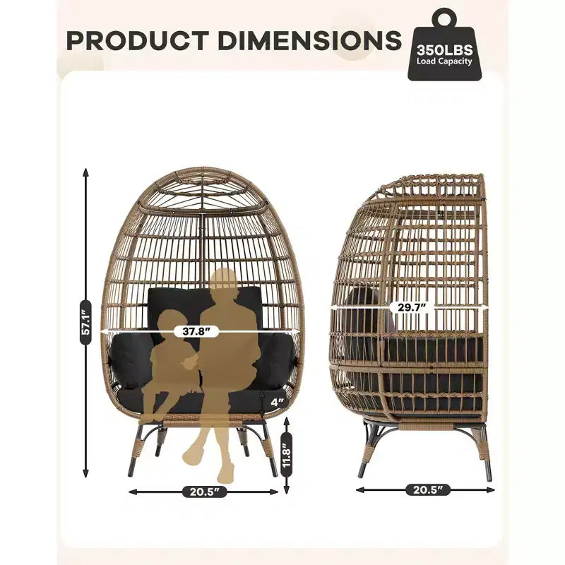 Egg Chair, Wicker Egg Chair with Plush Cushion, Steel Frame and Metal Base, Lounge Chair for Indoor & Outdoor Patio, Living Room, and Backyard