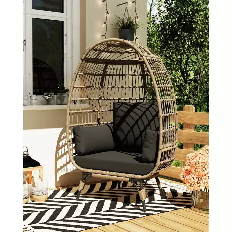 Egg Chair, Wicker Egg Chair with Plush Cushion, Steel Frame and Metal Base, Lounge Chair for Indoor & Outdoor Patio, Living Room, and Backyard