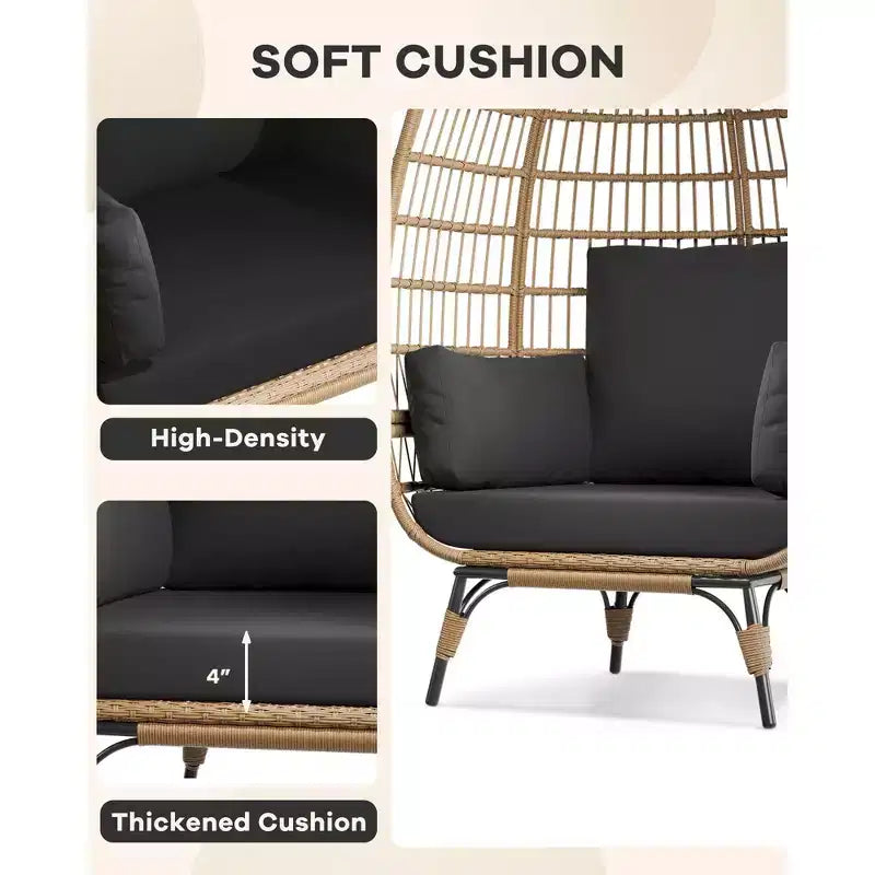 Egg Chair, Wicker Egg Chair with Plush Cushion, Steel Frame and Metal Base, Lounge Chair for Indoor & Outdoor Patio, Living Room, and Backyard