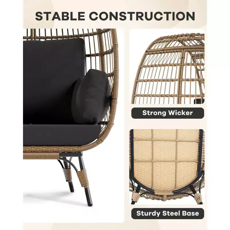 Egg Chair, Wicker Egg Chair with Plush Cushion, Steel Frame and Metal Base, Lounge Chair for Indoor & Outdoor Patio, Living Room, and Backyard