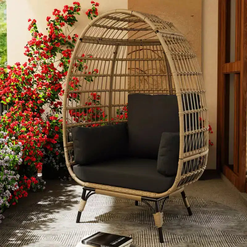 Egg Chair, Wicker Egg Chair with Plush Cushion, Steel Frame and Metal Base, Lounge Chair for Indoor & Outdoor Patio, Living Room, and Backyard
