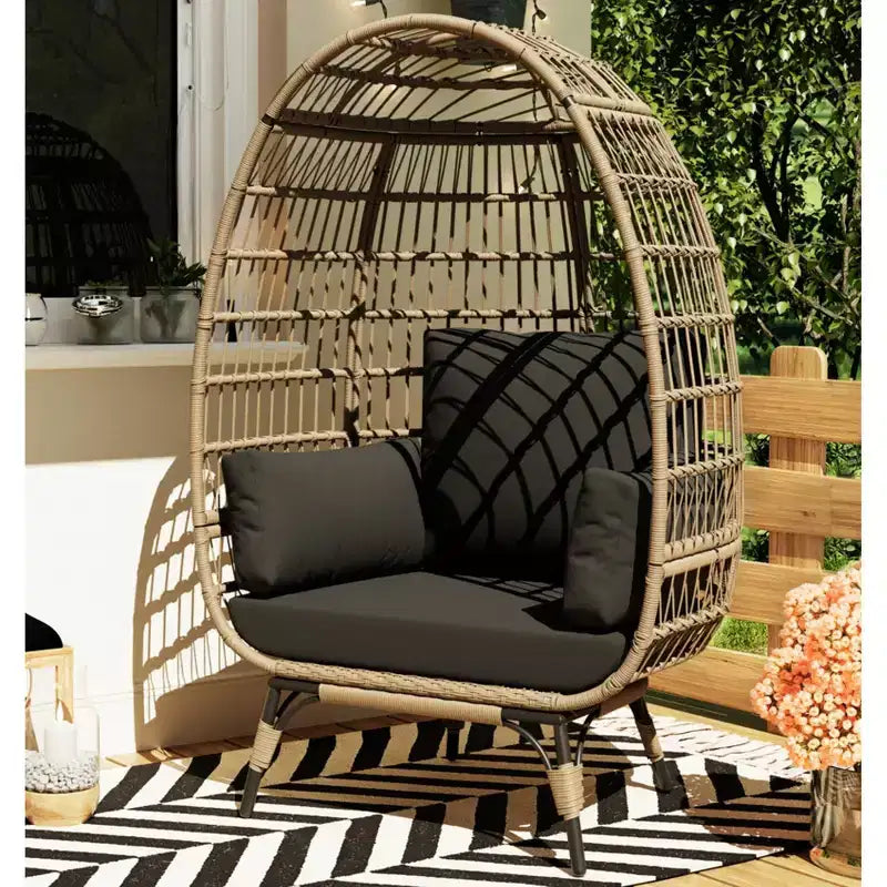 Egg Chair, Wicker Egg Chair with Plush Cushion, Steel Frame and Metal Base, Lounge Chair for Indoor & Outdoor Patio, Living Room, and Backyard