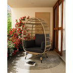 Egg Chair, Wicker Egg Chair with Plush Cushion, Steel Frame and Metal Base, Lounge Chair for Indoor & Outdoor Patio, Living Room, and Backyard