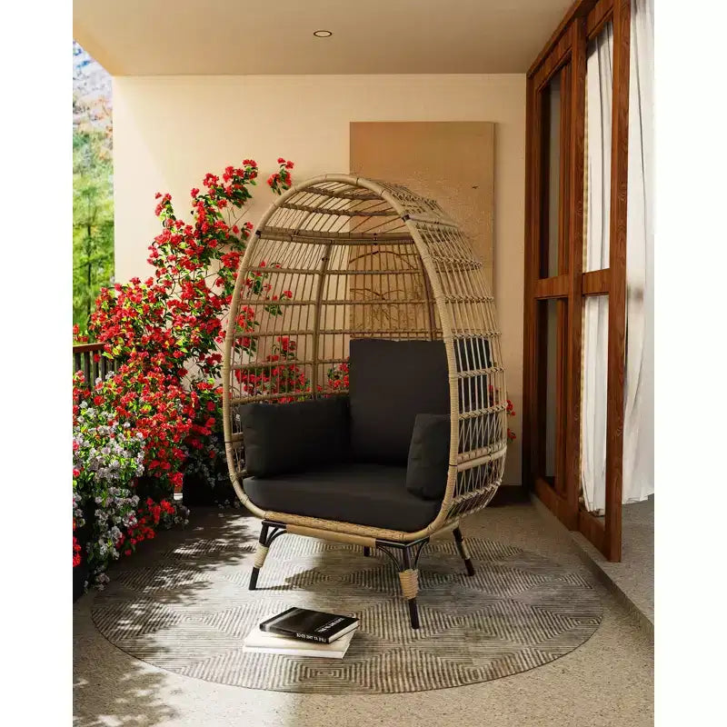 Egg Chair, Wicker Egg Chair with Plush Cushion, Steel Frame and Metal Base, Lounge Chair for Indoor & Outdoor Patio, Living Room, and Backyard